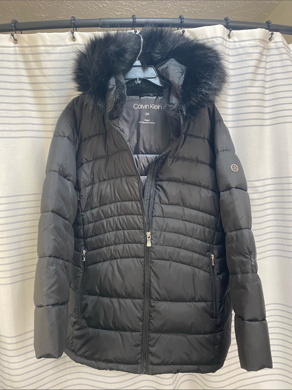 Calvin Klein Women's Black Quilted Puffer with Faux Fur Trim Hood